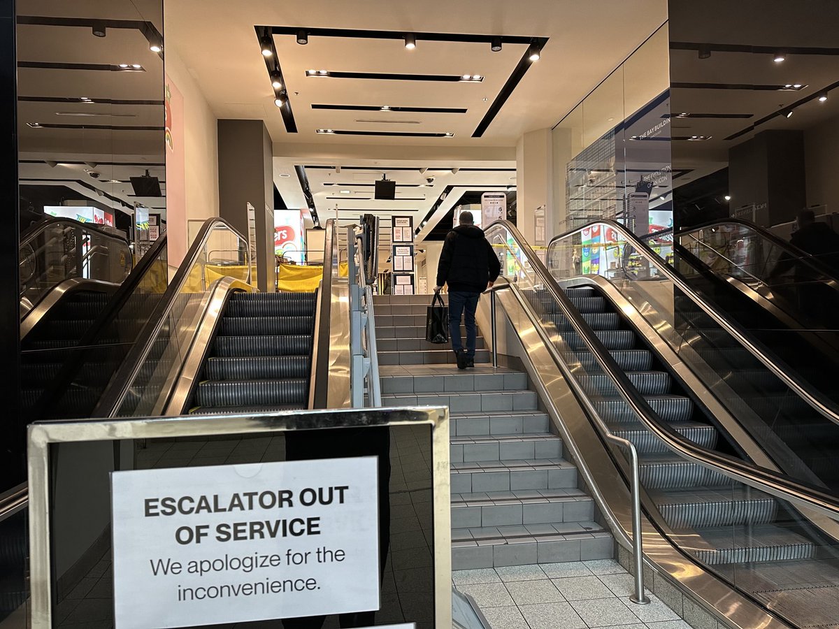 All of the escalators and elevators at the downtown Vancouver Bay out of service today. Some deep discounts. The staff I interacted with are being very professional, cheerfully offering to help. Thinking about them as the iconic chain faces enormous financial difficulties.