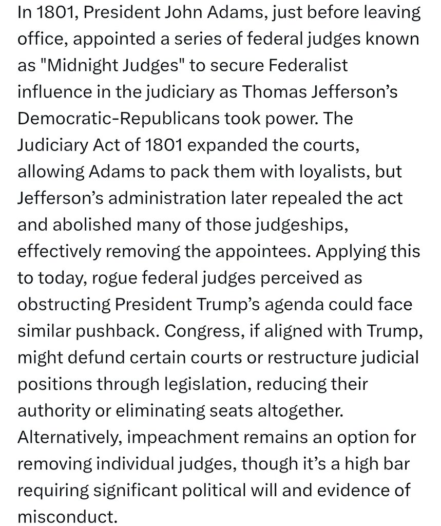 mousecrackers's tweet photo. @catturd2 Yes. The midnight judges. Adams appointed Federalist judges on his way out who were impeding Jefferson's agenda and he eliminated the entire circuit. This is the way. https://t.co/Opyp3WjD1F