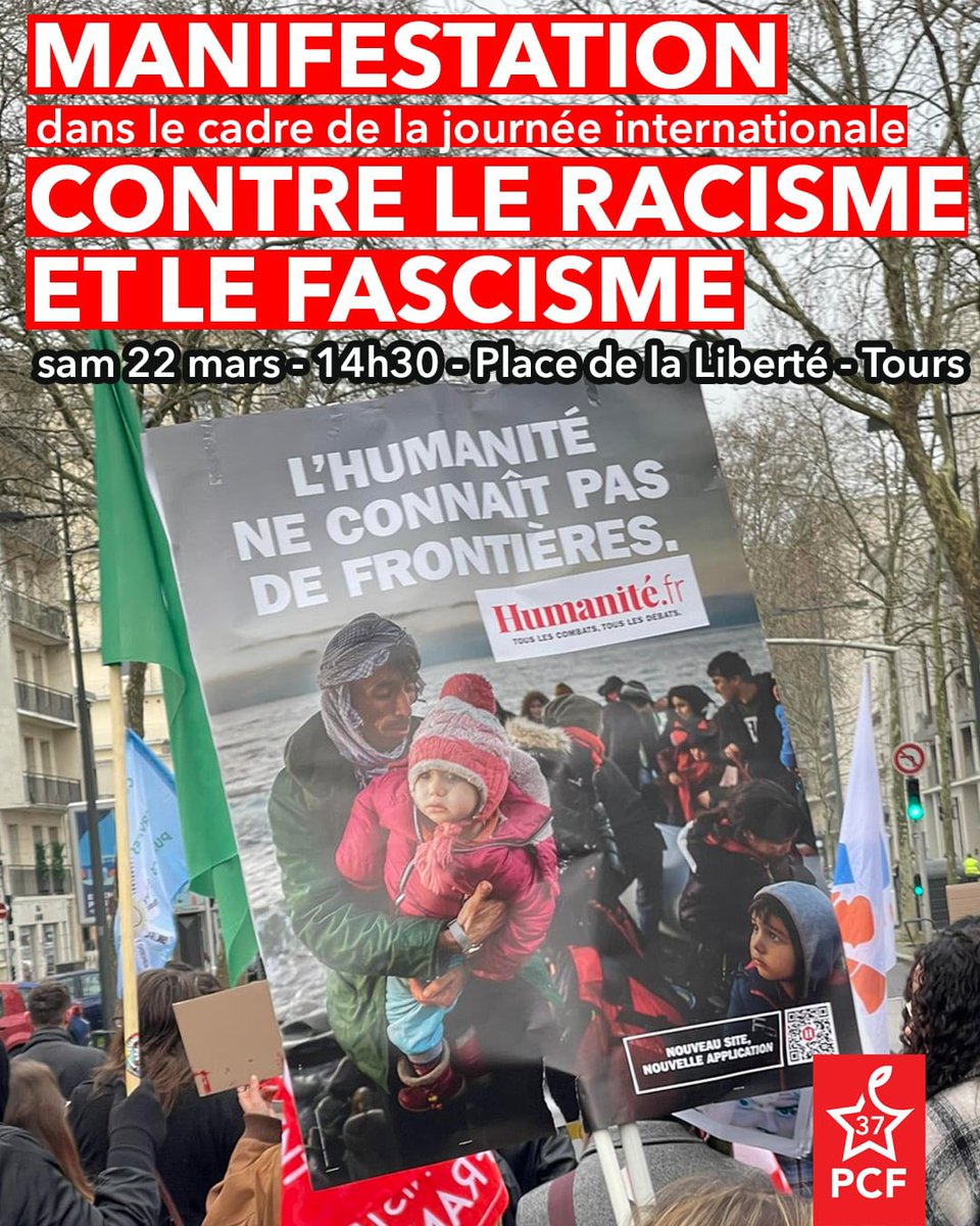PCF_Tours's tweet image. 📣 Soyons nombreuses et nombreux samedi 22 à 14h30 place de la Liberté à #Tours pour manifester dans le cadre de la journée contre le racisme et le fascisme aux côtés des 506 organisations signataires pour la marche des solidarités !