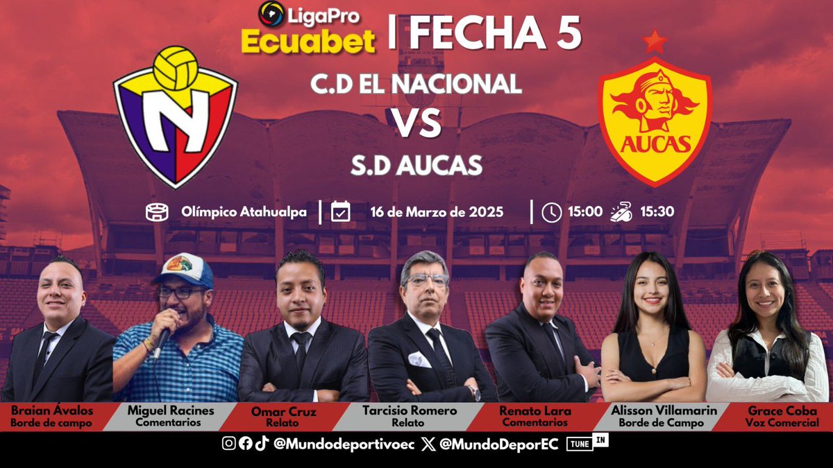 MUNDO DEPORTIVO EC 🇪🇨 (@mundodeporec) on Twitter photo 🏆#LigaProEcuabet | Continuamos la jornada de domingo desde el estadio Olímpico Atahualpa
<a href="/elnacionalec/">Club Deportivo El Nacional</a> 🆚 <a href="/Aucas45/">S. D. Aucas Oficial</a>
🎙️ <a href="/TarcisioRomero/">Tarcisio Romero</a>
🎙️ <a href="/capuchon_sports/">OMAR CRUZ (Capuchon)</a>
📝 <a href="/MigueRacines/">Miguel Racines C</a>
📝 <a href="/RenatoLara6/">Renato Lara</a>
🏟 <a href="/Braian_AvalosG/">Braian Andrés Avalos</a>
🏟️ <a href="/alis_abigailvr/">Alisson Abigail</a>
🗣️ <a href="/gracewalker_23/">Grace Coba Yar</a>
#MD360 🏆#LigaProEcuabet | Continuamos la jornada de domingo desde el estadio Olímpico Atahualpa
<a href="/elnacionalec/">Club Deportivo El Nacional</a> 🆚 <a href="/Aucas45/">S. D. Aucas Oficial</a>
🎙️ <a href="/TarcisioRomero/">Tarcisio Romero</a>
🎙️ <a href="/capuchon_sports/">OMAR CRUZ (Capuchon)</a>
📝 <a href="/MigueRacines/">Miguel Racines C</a>
📝 <a href="/RenatoLara6/">Renato Lara</a>
🏟 <a href="/Braian_AvalosG/">Braian Andrés Avalos</a>
🏟️ <a href="/alis_abigailvr/">Alisson Abigail</a>
🗣️ <a href="/gracewalker_23/">Grace Coba Yar</a>
#MD360