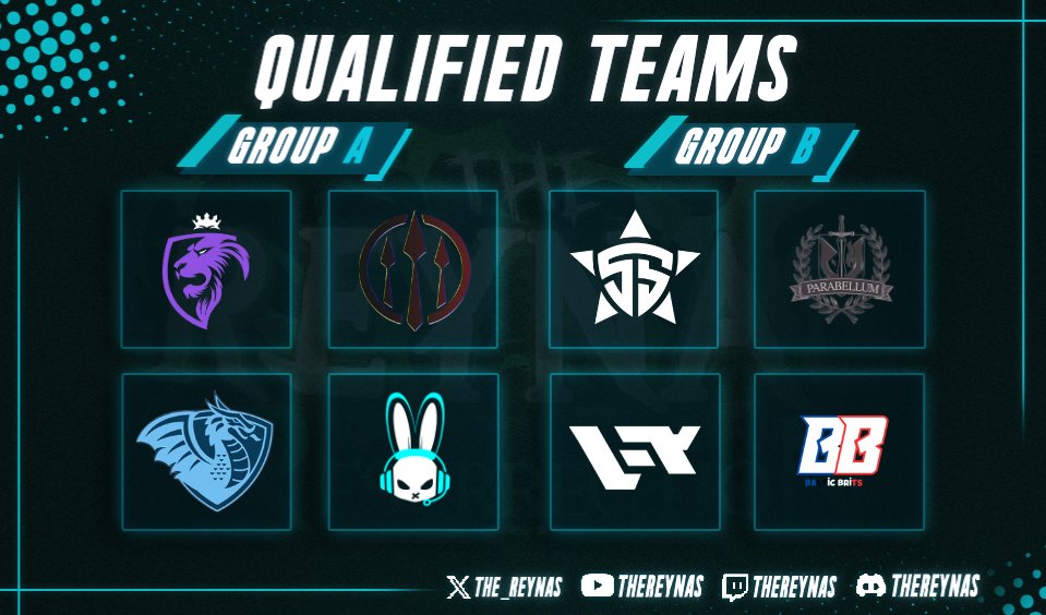 The Reyna's (@the_reynas) on Twitter photo WE HAVE OUR PLAY OFF TEAMS! In Group A, we have the below teams qualify...
<a href="/REYeSportsUK/">REY eSports</a>
<a href="/xAthenaRegion/">ATHENA REGION</a>
<a href="/IWE_esport/">IWE-Infinity Warriors eSports</a>
<a href="/Esport_TSC/">TSC</a>
Whilst in Group B, these teams took the 4 Play Off spots...
<a href="/BalticBrits/">BalticBrits</a>
<a href="/5StarsEsport/">5STARS</a>
<a href="/ParabellumVLR/">Parabellum</a>
<a href="/lewytwixgg/">lewytwix</a>
#TheReynas // #Resurrection WE HAVE OUR PLAY OFF TEAMS! In Group A, we have the below teams qualify...
<a href="/REYeSportsUK/">REY eSports</a>
<a href="/xAthenaRegion/">ATHENA REGION</a>
<a href="/IWE_esport/">IWE-Infinity Warriors eSports</a>
<a href="/Esport_TSC/">TSC</a>
Whilst in Group B, these teams took the 4 Play Off spots...
<a href="/BalticBrits/">BalticBrits</a>
<a href="/5StarsEsport/">5STARS</a>
<a href="/ParabellumVLR/">Parabellum</a>
<a href="/lewytwixgg/">lewytwix</a>
#TheReynas // #Resurrection