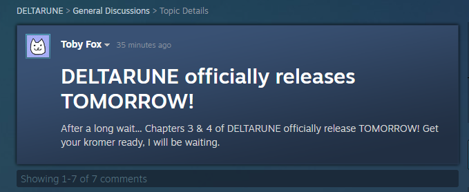 GrandDiTwo's tweet photo. HE'S SPOKEN, DELTARUNE TOMORROW!!! https://t.co/ZzfDcguEdG