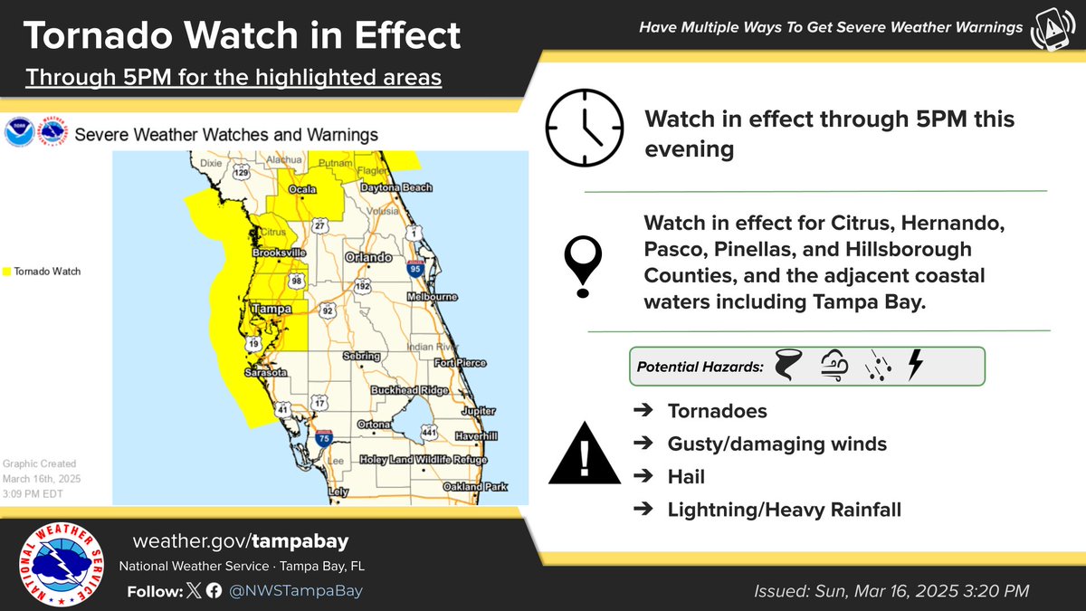 Tornado Watch has been extended until 5PM and now includes Citrus, Hernando, Pasco, Pinellas, and Hillsborough Counties, and the adjacent coastal waters including Tampa Bay. #flwx