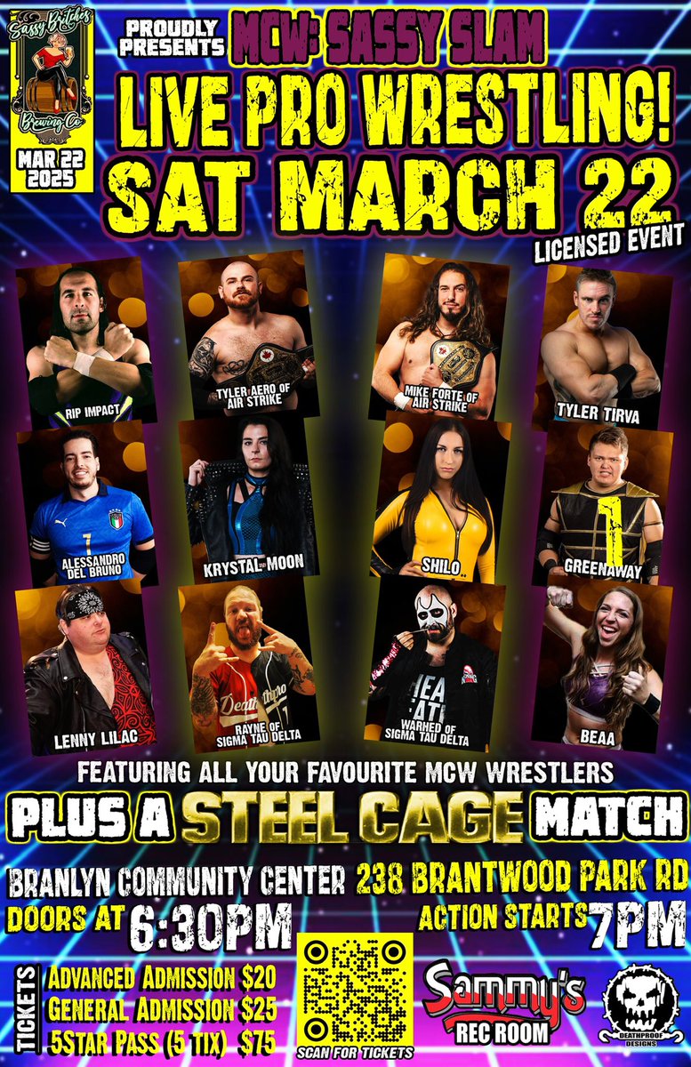 #Brantford THIS SATURDAY!!! 6 action packed matches featuring a STEEL CAGE MATCH!!!! #Ontario #ProWrestling #BranlynCommunityCentre #BuyInMarkOut #MCW4Life

Tickets:

Ticketscene.ca/events/50080
