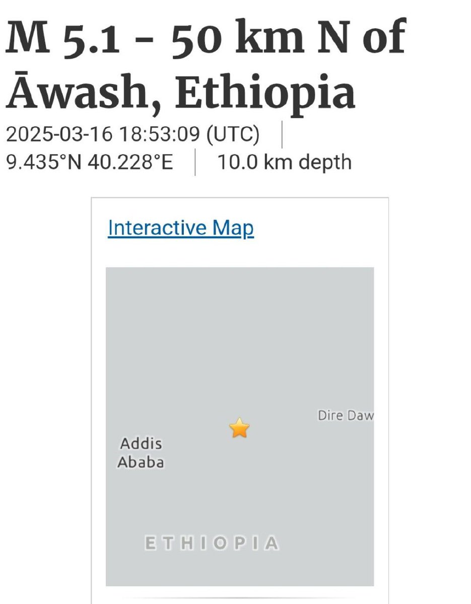 Redwan_ET's tweet photo. ���� Earthquake Alert 🚨

A 5.1 magnitude earthquake struck 50 km north of Awash, Ethiopia today.

Tremors were felt in several areas, including Addis Ababa.

No confirmed reports of damage or casualties yet.

Stay safe!

#Ethiopia #Earthquake #Awash
#AddisAbaba https://t.co/dRWbOWhIHe