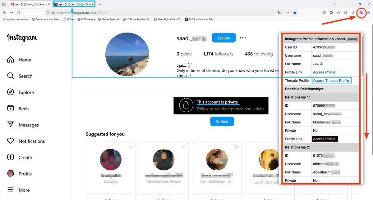 ManuelBot59's tweet photo. 🔍Is it possible to investigate private #Instagram accounts?
We developed a Firefox add-on that:
→ Extracts emails, phone numbers and profiles from linked Threads
→ Analyzes connections between users (even on private accounts)
📌link: https://t.co/tY3Y22g2tI
#OSINT #SOCMINT https://t.co/9v40wF6eyp