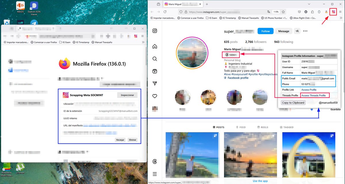 ManuelBot59's tweet photo. 🔍Is it possible to investigate private #Instagram accounts?
We developed a Firefox add-on that:
→ Extracts emails, phone numbers and profiles from linked Threads
→ Analyzes connections between users (even on private accounts)
📌link: https://t.co/tY3Y22g2tI
#OSINT #SOCMINT https://t.co/9v40wF6eyp