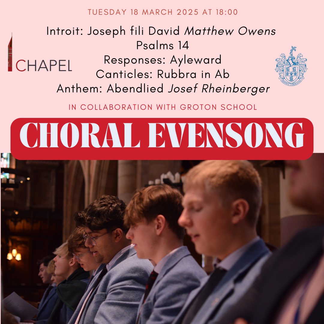 We are delighted to welcome Groton School this week, who will be joining us for a variety of musical events. The first of which is evensong with Temple Consort on Tuesday. Please do join us for what promises to be a phenomenal evensong, featuring Rubbra, Rheinberger and Owens.