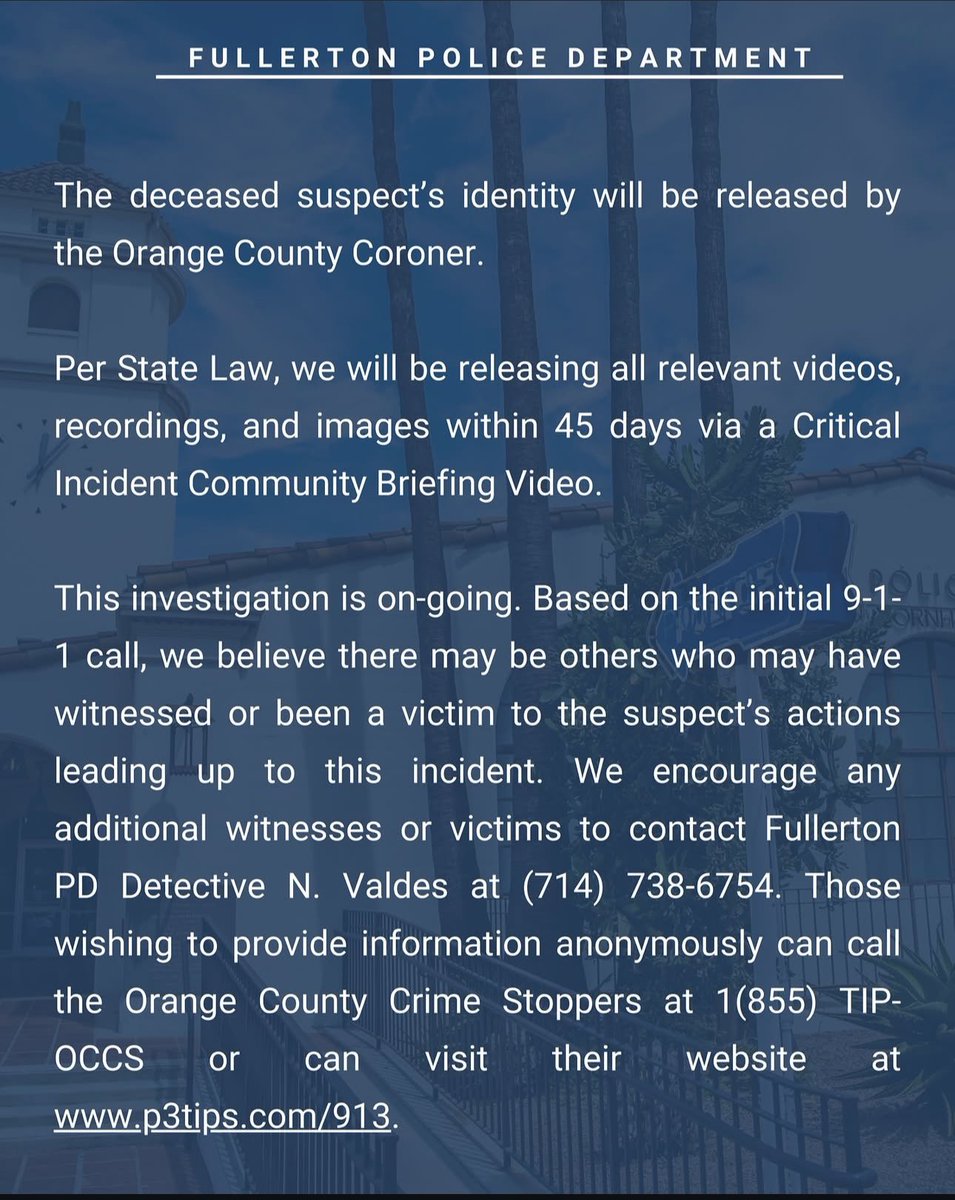 OC_Scanner's tweet image. BREAKING 🚨🚨

#Fullerton / #California 

An update to the incident we covered last night out of Fullerton. An Officer involved shooting did indeed occur after a suspect produced a replica handgun and pointed it at officers. Officers were originally called as the suspect was