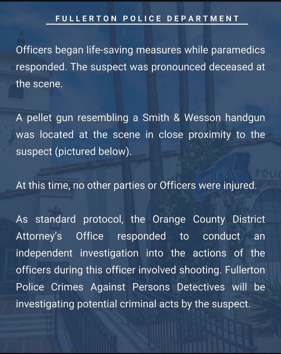 OC_Scanner's tweet image. BREAKING 🚨🚨

#Fullerton / #California 

An update to the incident we covered last night out of Fullerton. An Officer involved shooting did indeed occur after a suspect produced a replica handgun and pointed it at officers. Officers were originally called as the suspect was