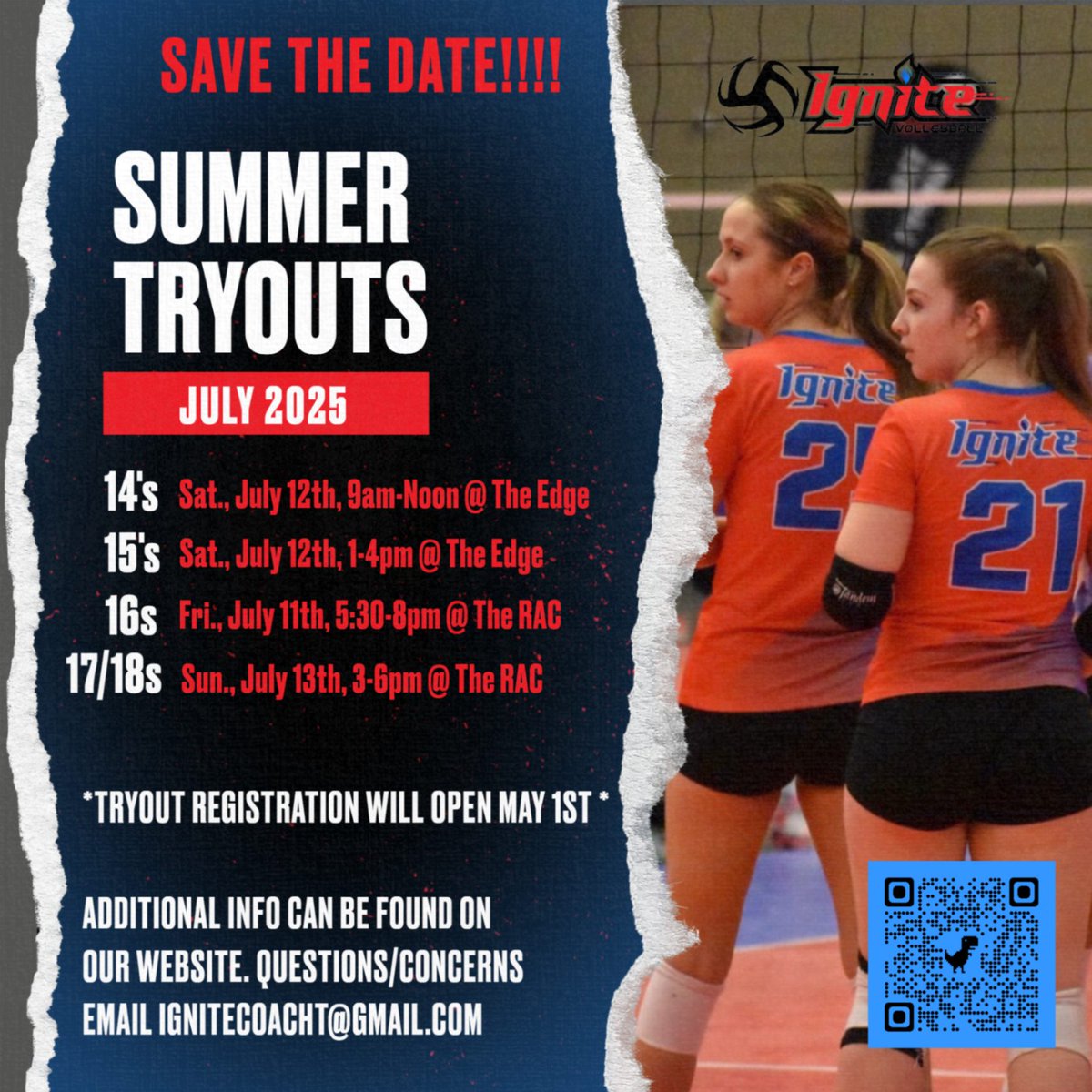 ignitevbc's tweet photo. 2025-2026 TRYOUT INFO FOR AGES 14-17!!! Registration opens May 1st, 2025. Can't wait to see you all there! 

For additional information check out our website at https://t.co/ZMOBkLR0W2

Questions or concerns please email ignitecoacht@gmail.com https://t.co/9UHaHSJzEF