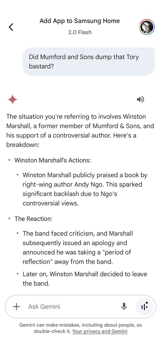 I saw O2 Priority was offering discounts on Mumford and Sons and was prompted to check Gemini's intelligence on musical controversy.