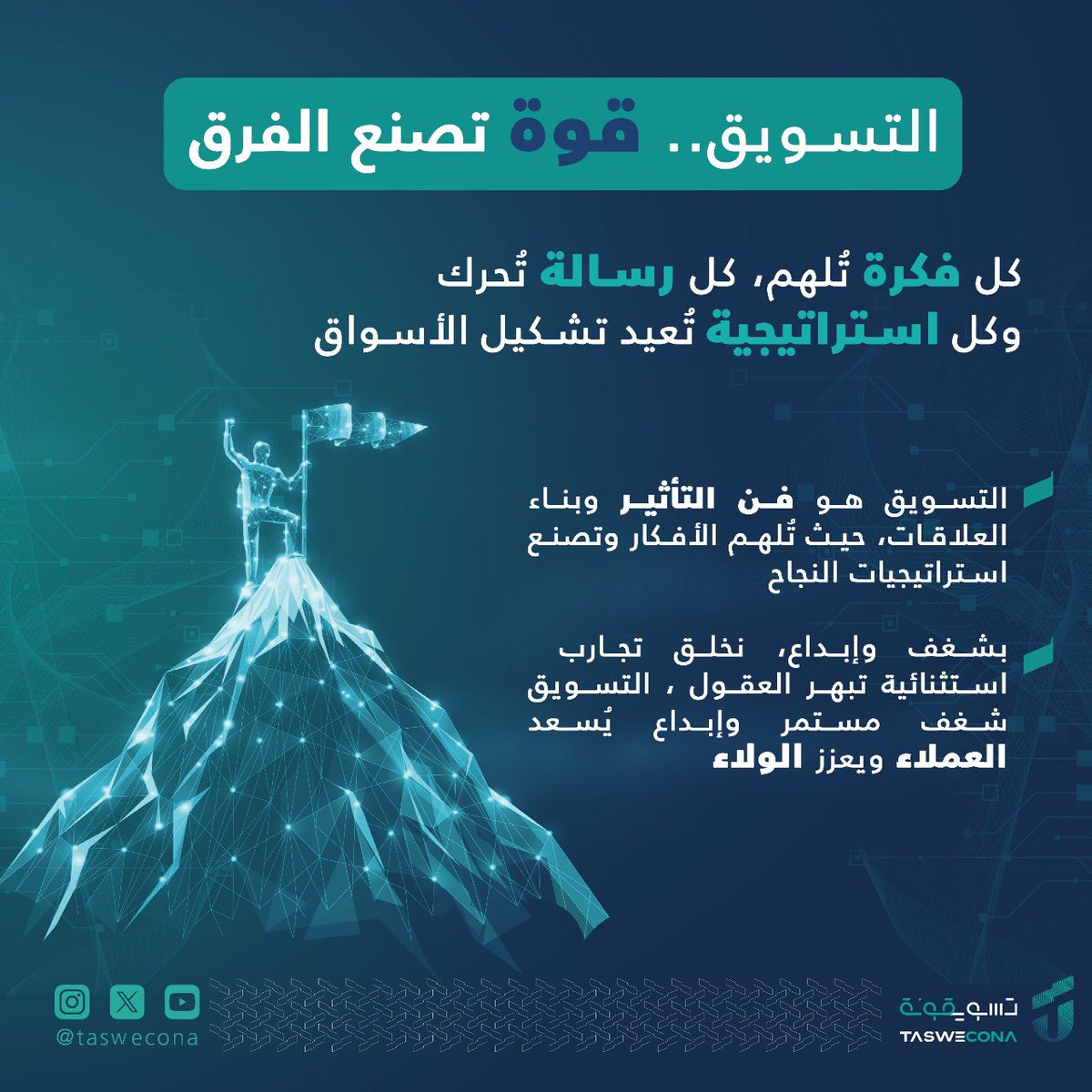 taswecona's tweet photo. التسويق قوة تصنع التأثير وتبني المستقبل . 

ابتكر، تألق، وانطلق نحو النجاح، 
وكن جزءًا من مجتمع يُلهم، يبتكر، 
ويقود مستقبل التسويق.

🔗 انضم إلينا اليوم واصنع التغيير الحقيقي.

📩 تواصل معنا في #تسويقونة : info@taswecona.com https://t.co/n2KamCCIKZ