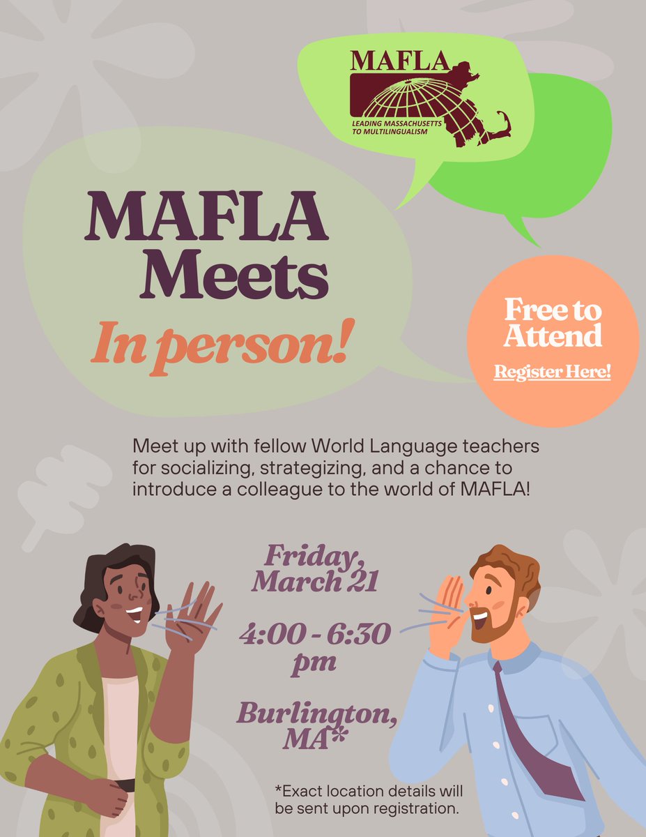What are you doing on Friday after school? Join us for our next MAFLA Meets in person on March 21st from 4:00-6:30 in Burlington. Sign up here and you'll receive the information for the meet up mafla.wildapricot.org/sys/website/sy…