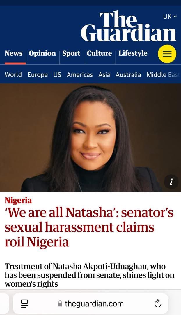 rosemoses2010's tweet photo. Natasha Akpoti Uduaghan, today, covers a page of The Guardian UK!

Perhaps the SSS, in collaboration with the National Intelligence Agency (NIA), should also work at determining how she made it to this cover page without approval. https://t.co/5wC5XPlAna