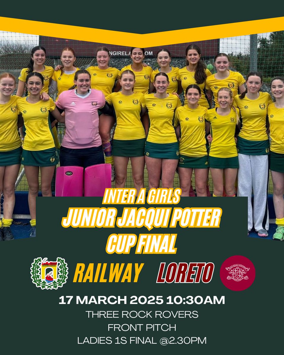 RailwayUnionHC's tweet image. 2 big Leinster cup  finals tomorrow for the club. U16 Girls at 1030am v Loreto and W1 v Avoca at 230pm. Both finals on the front pitch at Three Rock. Please support our Teams #greenandyellow