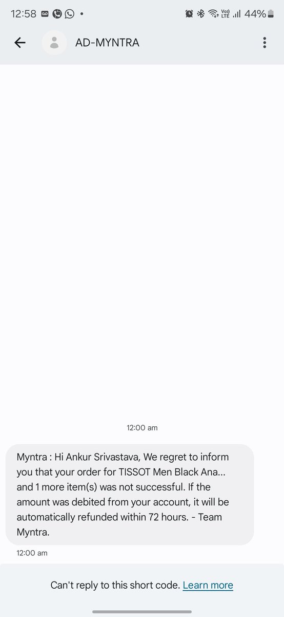 ankur_ad's tweet photo. @Myntra is bunch of cheats, showing offers to make you buy stuff and then cancel the order as soon as offer closes.
Check the example. I placed an order at 11:39 where i got the Tissot watch at 37k instead of 58k and offer ended at 12 and order got cancelled. https://t.co/dfe0Dxbtxd