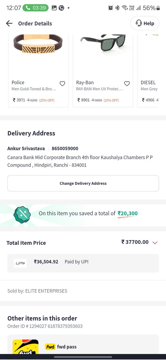 ankur_ad's tweet photo. @Myntra is bunch of cheats, showing offers to make you buy stuff and then cancel the order as soon as offer closes.
Check the example. I placed an order at 11:39 where i got the Tissot watch at 37k instead of 58k and offer ended at 12 and order got cancelled. https://t.co/dfe0Dxbtxd