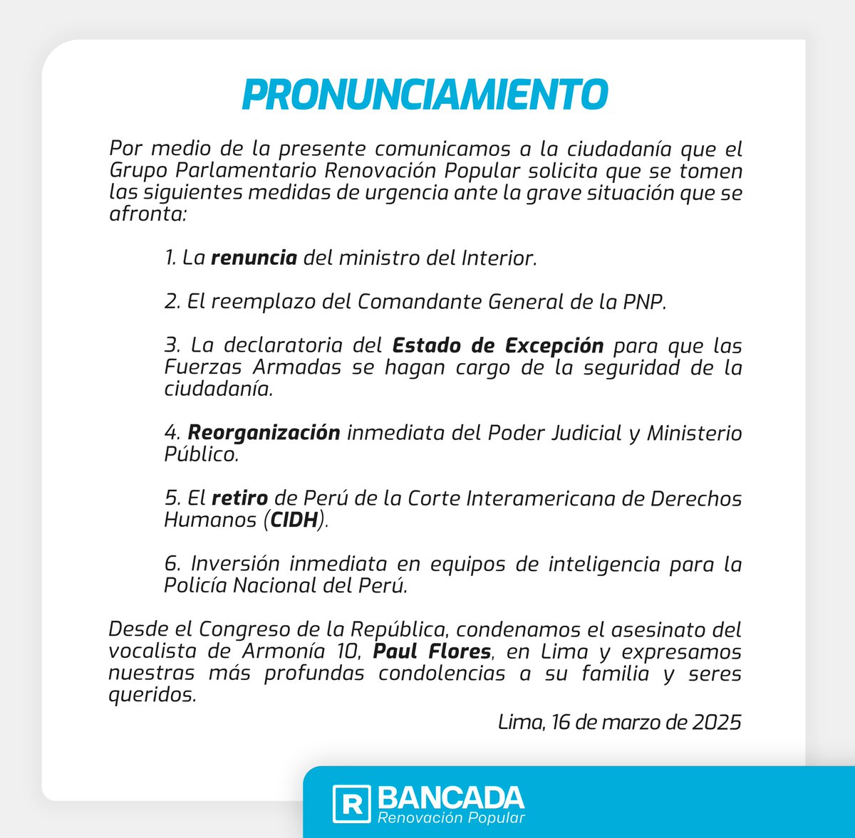 bancada_rp's tweet photo. 🚨 #Pronunicamiento | El Grupo Parlamentario Renovación Popular en razón a los acontecimientos que vienen causando zozobra en el país por la existencia de bandas criminales, exige lo siguiente: https://t.co/ZJsvuakh4w