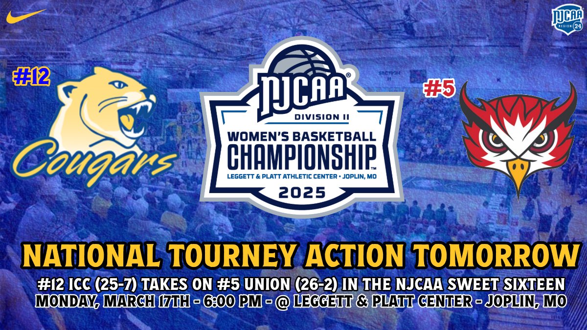 Tomorrow, it's National Tournament time! 

Cougars are the 12 seed and will take on the 5 seed, Union, tomorrow at 6PM in the NJCAA Sweet Sixteen!

If you can't make it, use this link (liinks.co/icc_cougarswbb) to see how you can follow along!

#WINTHEDAY #ROLLCOUGS