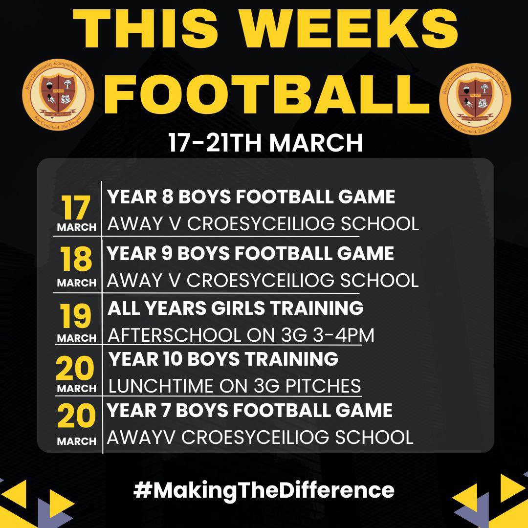 This weeks Football👊🏼⤵️

Here is how our football timetable looks this week! 

#TeamRisca | #MakingTheDifference ⚽️