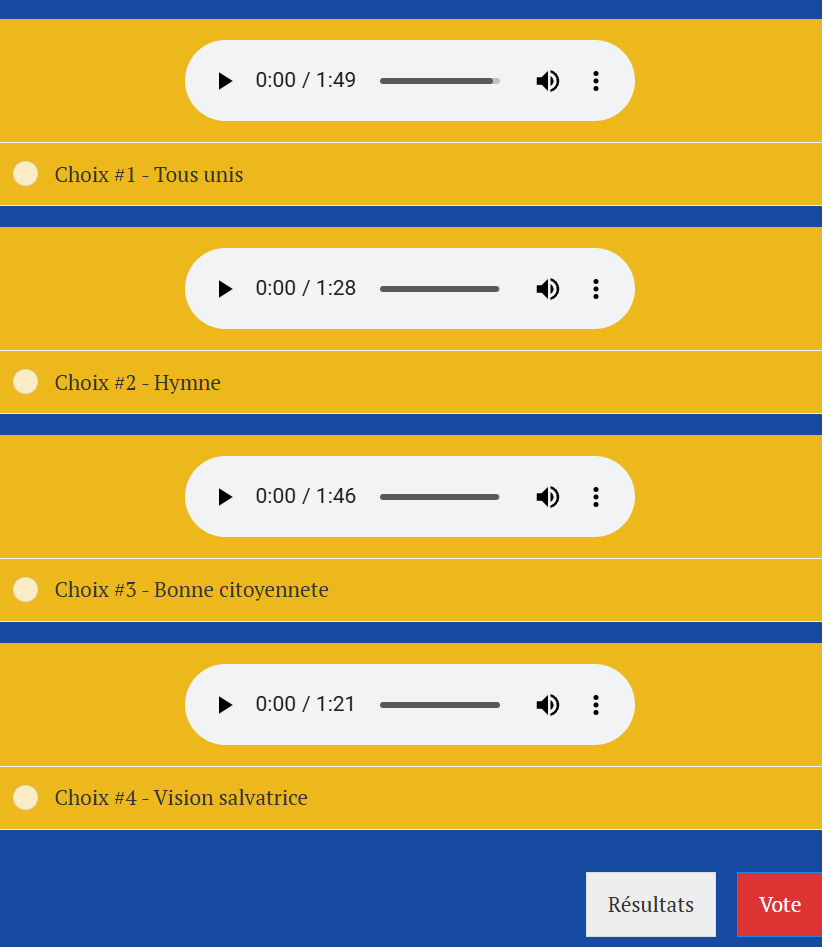 unionsacree.org/concours-offic…

Concours Officiel Hymne de l’Union Sacrée de la Nation – Veuillez choisir votre hymne préféré

Le vote se clôture le vendredi 21 mars à 12h et l’heureux gagnant sera connu le mardi 25 mars 2025.

Parmi les hymnes ci-dessous, choisissez votre hymne