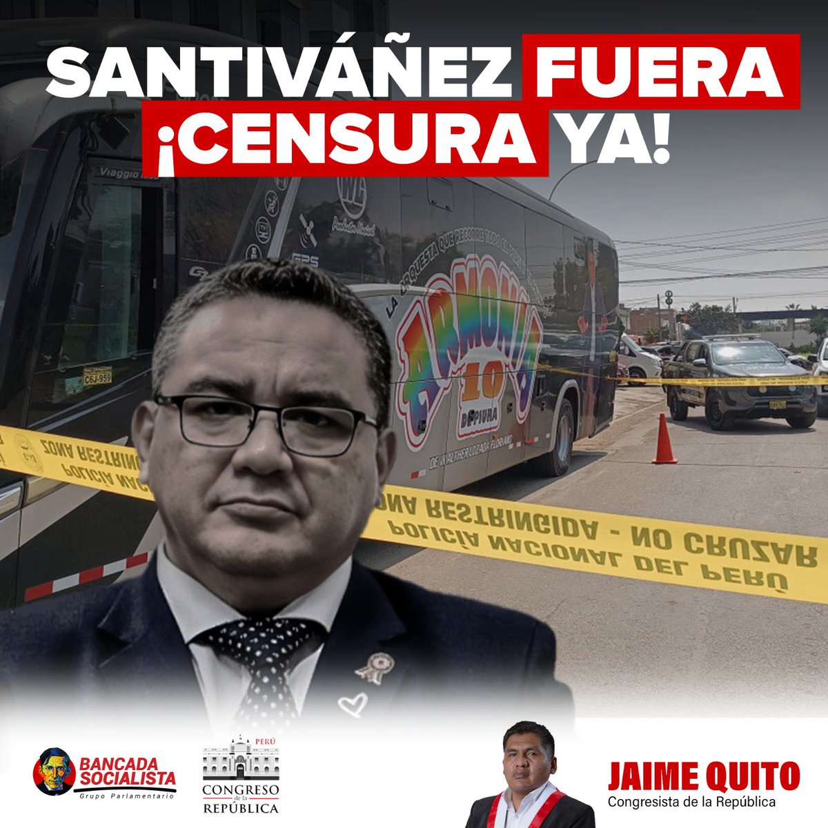 JaimeQuito6's tweet photo. El crimen contra Armonía 10 confirma el fracaso de Santiváñez. Sus aliados ahora piden su renuncia para evadir culpas. ¡El Congreso no puede esperar más, debe censurarlo ya! #CensuraSantiváñez https://t.co/p5PYjlDQs4