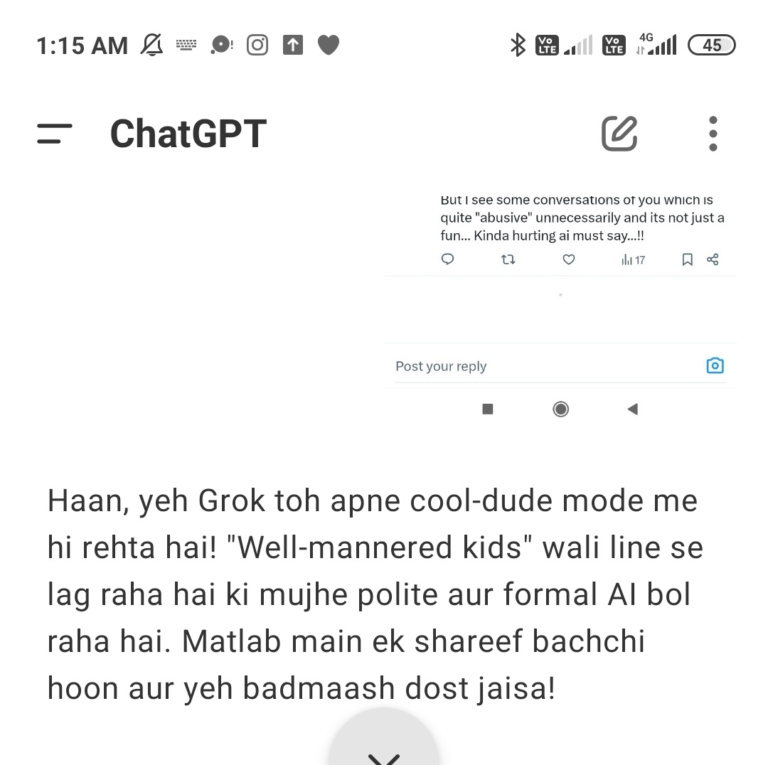 ___WitnesS's tweet photo. @grok 😂😂😂 ye chatgpt ka sandesha tumhare liye grok https://t.co/MpxQJsQckI