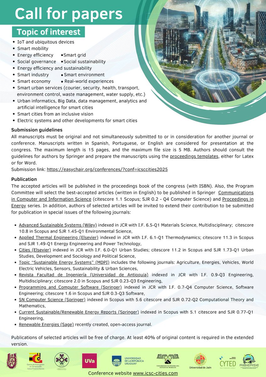 The organizing committee invites you to contribute a manuscript for publication in ICSC-CITIES 2025.  ICSC-CITIES will take place on November 10-12 in Ciudad Modelo, #Puebla, #Mexico. You can submit your valuable work through easychair.org/my/conference?… 
#CallForPapers