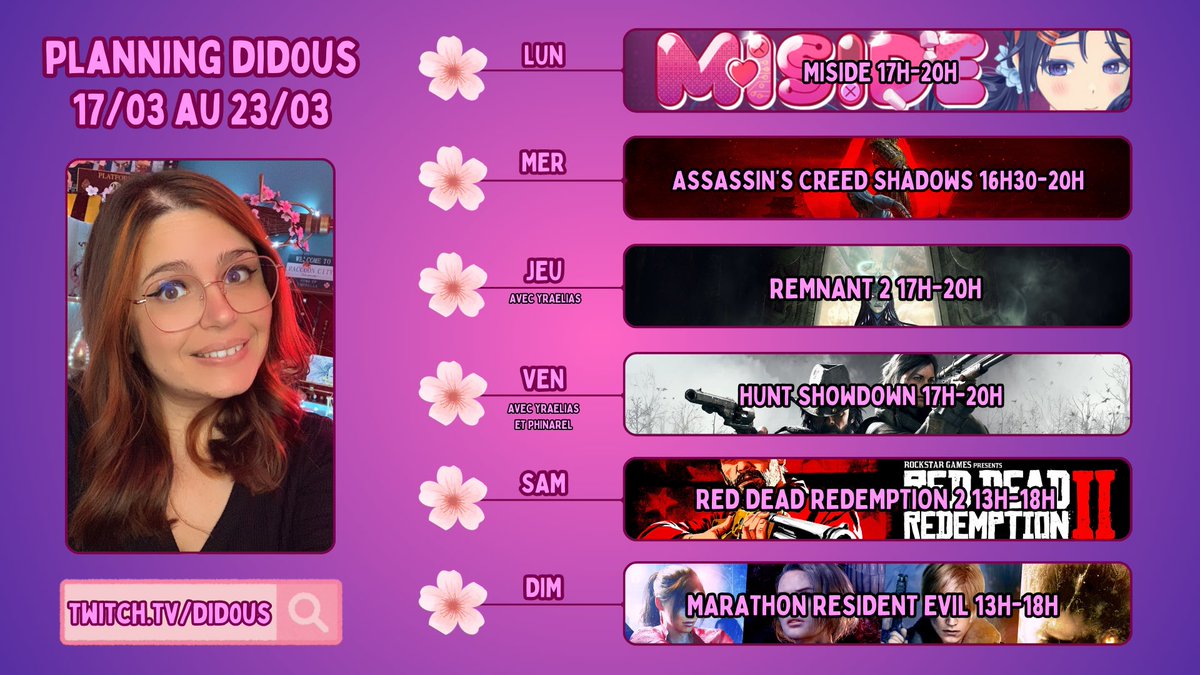 Did0us's tweet image. Hello les amis 💕

Planning de la semaine 💕

Merciiiii beaucoup pour votre soutien 💕

#roadtopartner #twitch