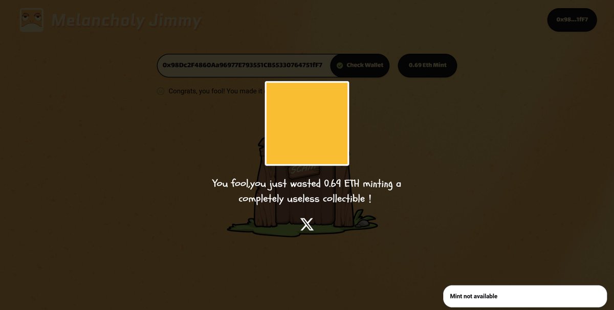 I just spent 0.69 ETH minting an orange picture that serves no purpose. Am I a fool? <a href="/MelancholyJimmy/">Jimmy</a>