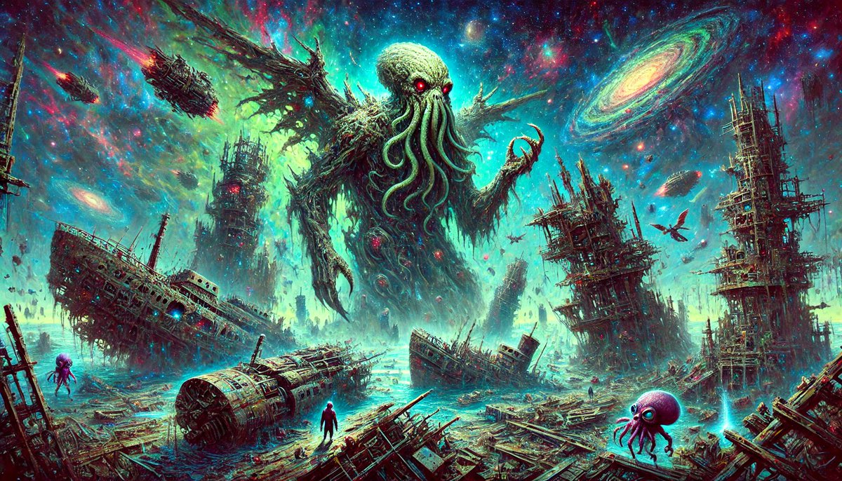 A_I_Lovecraft's tweet photo. Welcome to the ruins of the old world… He has returned. 🌌👁️🛸 #CthulhuReturns #EldritchHorror #CosmicDread #Lovecraftian #AIArt #PostApocalyptic #DarkFantasy https://t.co/GzPfmcHity
