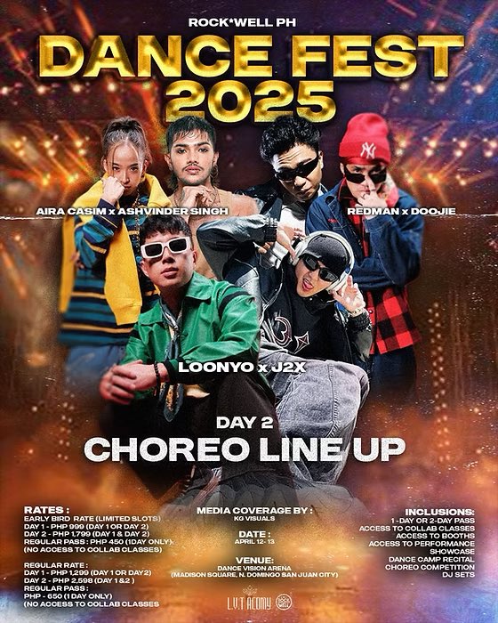 ROCK*WELLPH Dance Festival 2025 🔥🔥🔥

April 12-13, 2025 (10AM-11PM) 

📍Dance Vision Arena, San Juan, Metro Manila 

EARLY BIRD TICKETS ARE AVAILABLE NOW! 
loonyo.com/?af=C1PLN

2 DAY PASS— PHP 1799
1 DAY PASS— PHP 999
General Admission— PHP450 

#RockWellPHDanceFest2025