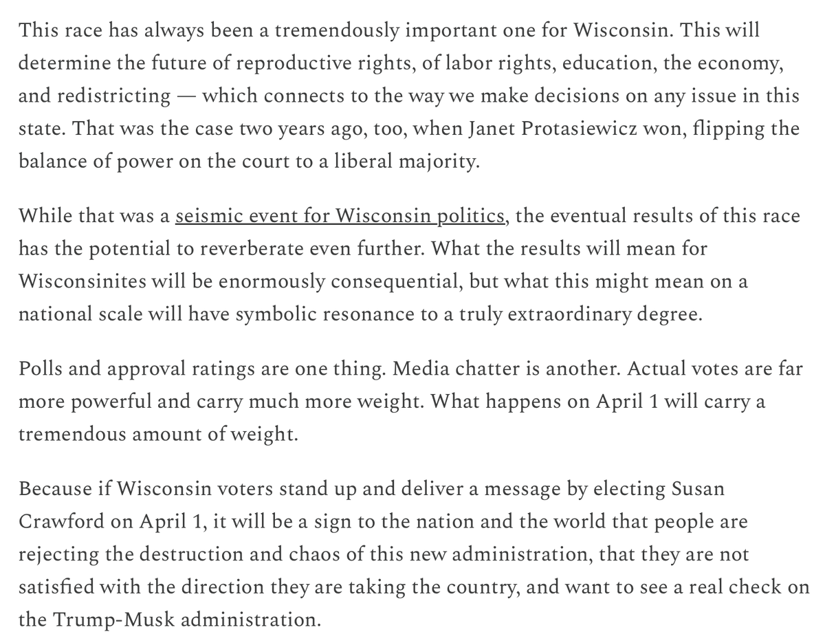 If Wisconsin elects Susan Crawford and rejects Musk-backed candidate Brad Schimel, it will send a powerful message that will reverberate nationally.