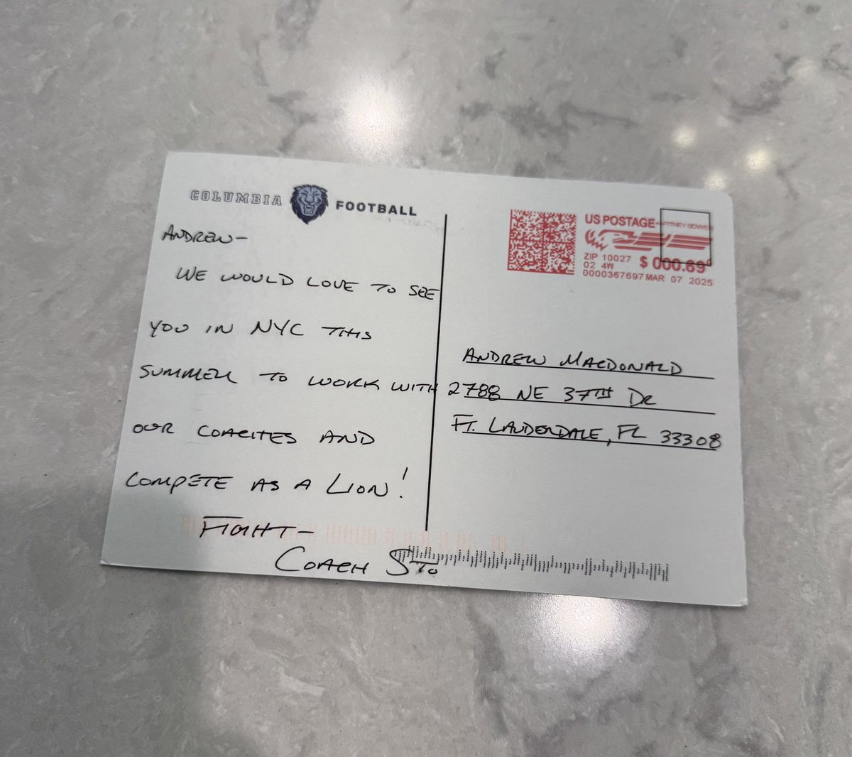 Thank you <a href="/CoachStoNGo/">Justin Stovall</a> and <a href="/CULionsFB/">Columbia Football</a> for the mail. Can’t wait to get up to NYC this summer.