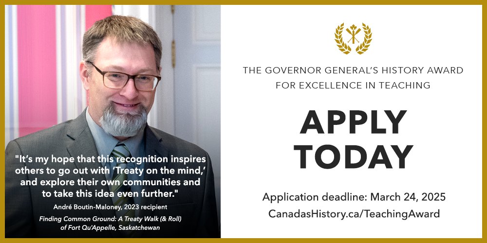 The Governor General’s History Award for Excellence in Teaching recognizes innovative &amp; impactful approaches to teaching Canadian history. It’s easy to apply – simply complete the Stage 1 form to tell us about a history project in your classroom. ow.ly/IHY550V9LFZ #CdnHist