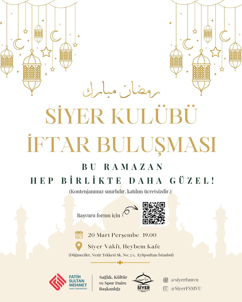 Ramazan Ayının Bereketini Birlikte Paylaşalım!

Ramazan ayında, Siyer Kulübü İftar Buluşmasında bir araya geliyoruz! Hep birlikte oruçlarımızı açıp, güzel sohbetlerle bu anlamlı ayın ruhunu paylaşmak için sizi de aramızda görmek isteriz. 🌺

Katılım formu: forms.gle/yx3ksDjcs48XNm…