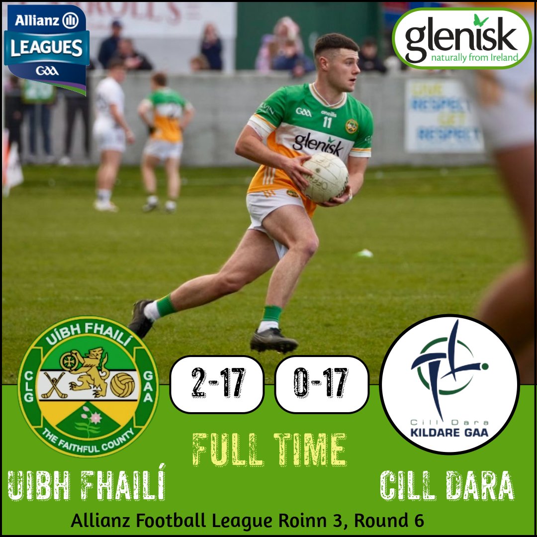 Full-Time in <a href="/Glenisk/">Glenisk</a> O'Connor Park. A peach of a goal from Rory Egan and a well taken penalty from the boot of Dylan Hyland with Offaly's goals. A massive step towards promotion. 

Well done, lads 👌. Super performance.