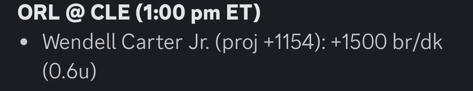 slam_dunk_bets's tweet photo. Matinee game in Cleveland today &amp; our model likes Wendell Carter’s #FirstThree and First Three by Team value!

For access to all sorts of NBA First Event recommendations, you can join our discord with a FREE trial, link in bio!

#FirstBasket #FreePlay #NBAPicks #GamblingTwitter https://t.co/NHmmjjPx27