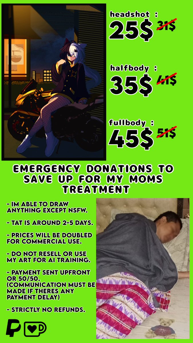 xk4nz's tweet image. 🚨‼️ EMERGENCY COMMISSIONS ‼️🚨
HELLO!! i am STILL struggling to save up money for my mothers treatment, meanwhile we have an upcoming checkup at 22th march.

If intrested feel free to DM or add me on discord(@/xk4nz), any boosts are highly appreciated! 🩷
#artcommissions