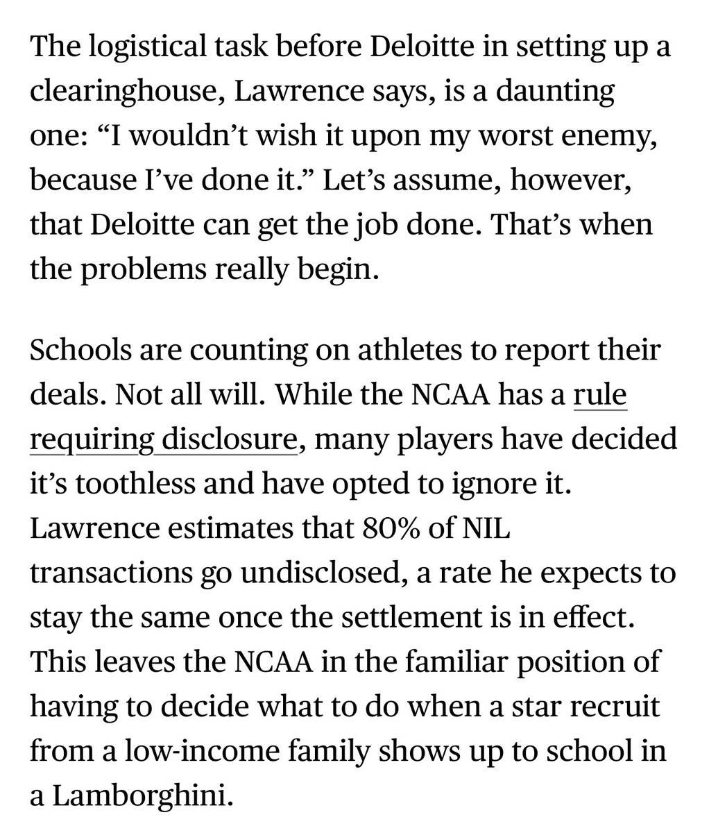 WinterSportsLaw's tweet photo. The House settlement’s plan to review college athlete NIL deals with “associated entities” for fair market value has a number of issues.

Some logistical (athletes don’t/won’t disclose all deals) &amp; some legal (antitrust law).

Thanks to @iboudway for reaching out for my thoughts. https://t.co/OYhhodP2tS