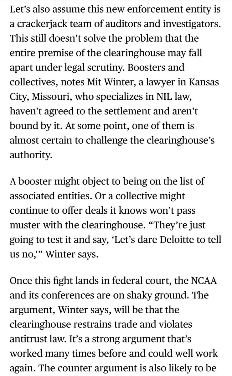 WinterSportsLaw's tweet photo. The House settlement’s plan to review college athlete NIL deals with “associated entities” for fair market value has a number of issues.

Some logistical (athletes don’t/won’t disclose all deals) &amp; some legal (antitrust law).

Thanks to @iboudway for reaching out for my thoughts. https://t.co/OYhhodP2tS