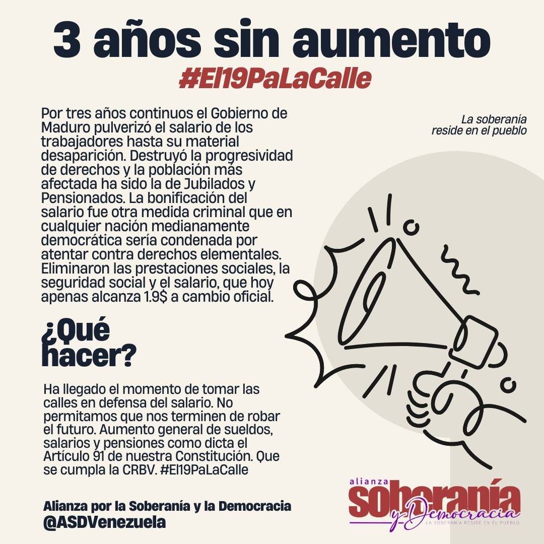 Ha llegado el momento de tomar las calles en defensa del salario. No permitamos que nos terminen de robar el futuro. Aumento general de sueldos, salarios y pensiones como dicta el Artículo 91 de nuestra Constitución. Que se cumpla la CRBV. #El19PaLaCalle