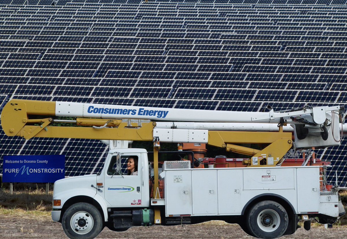 PatriotPostGirl's tweet photo. Consumers Energy has purchased 800 acres of farmland in Oceana County for solar sprawl. State-controlled green energy strikes again, chopping down cherry and apple orchards with the swipe of Big Gretch’s pen. 

#PureMonstrosity https://t.co/N8bPanrwDE