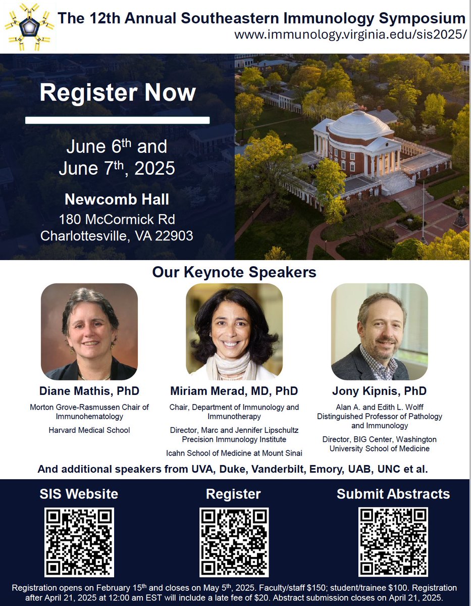Jie Sun (@jie_immunology) on Twitter photo Join us with <a href="/jonykipnis/">Jonathan Kipnis ššļø</a> and <a href="/MiriamMerad/">Miriam Merad, MD, PhD</a> and Dr. Mathis for #SIS2025 at the beautiful UVA campus in Charlottesville! Itās an affordable meeting with an outstanding speaker lineup. Enjoy the superb local history, food, wineries, events, and scenic views. immunology.virginia.edu/sis2025/ Join us with <a href="/jonykipnis/">Jonathan Kipnis ššļø</a> and <a href="/MiriamMerad/">Miriam Merad, MD, PhD</a> and Dr. Mathis for #SIS2025 at the beautiful UVA campus in Charlottesville! Itās an affordable meeting with an outstanding speaker lineup. Enjoy the superb local history, food, wineries, events, and scenic views. immunology.virginia.edu/sis2025/