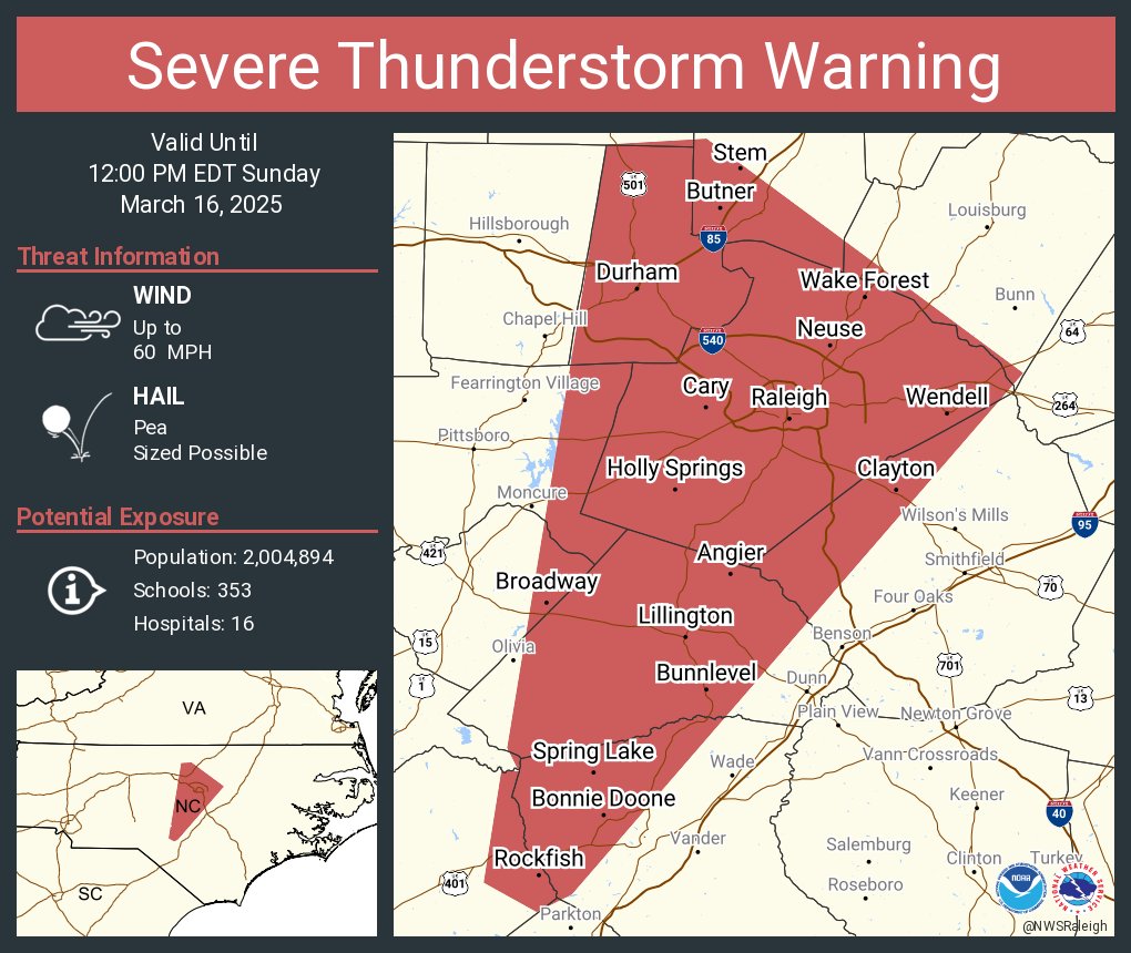 NWSRaleigh's tweet photo. Severe Thunderstorm Warning continues for Raleigh NC, Durham NC and  Cary NC until 12:00 PM EDT https://t.co/vHPXdl6hcX