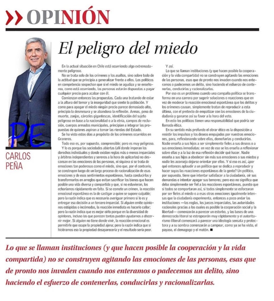 pablomartineza's tweet photo. Gran columna de Carlos Peña: nos recuerda que el miedo desbordado puede dañar nuestras instituciones y que debemos responder con calma y racionalidad para cuidar la convivencia democrática. https://t.co/BobCE7WZ8K