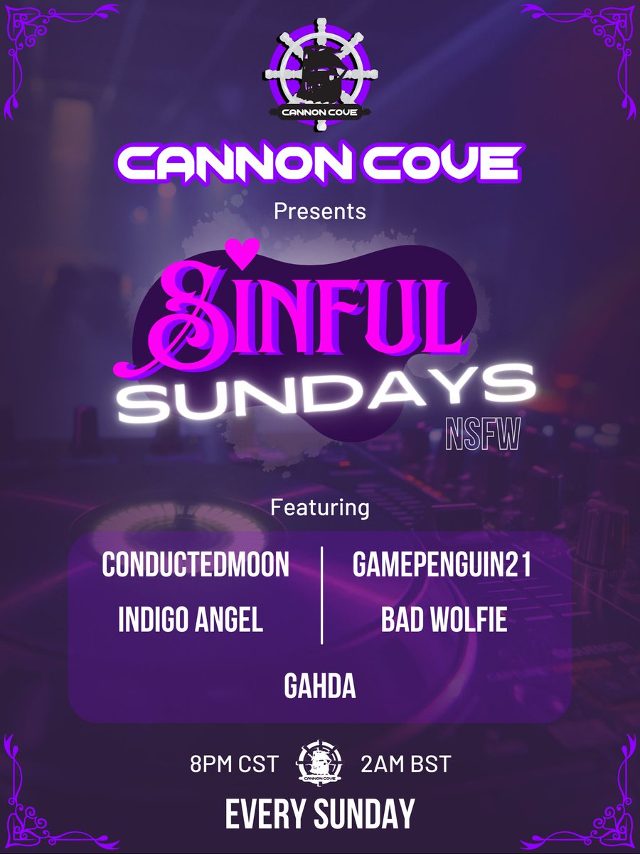 Sinful Sunday is tonight!

(all times CST)
SFW | Space Bunker | 8-10PM
NSFW | Oceano Island | 10-1AM

DJs:
8PM – <a href="/ConductedMooon/">ConductedMoon 🔞</a> 
9PM – <a href="/gamepenguin21/">gamepenguin21</a> 
10PM – Indigo Angel
11PM – <a href="/DJBadWolfie/">DJ Bad Wolfie 🇺🇦</a> 
12AM – <a href="/gahdastream/">Gahda</a> 

Hosts:
DahCreetureFawn | LoveUniversal7 |EnixShadill