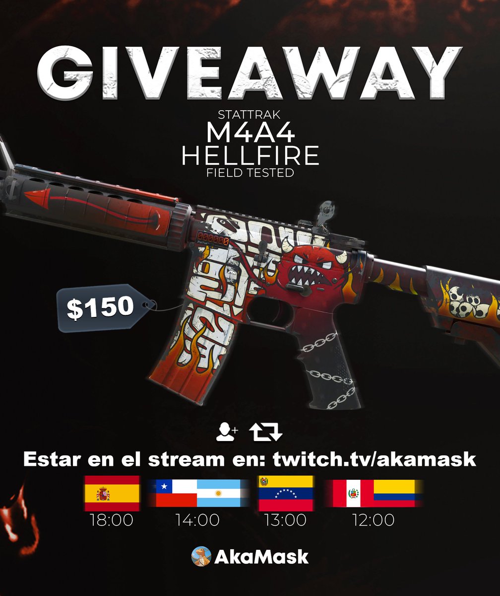 Aka_Maskk's tweet photo. 🎁SORTEO M4A4 HELLFIRE - FT

💰+$150

Requisitos
✅Follow &amp; RT
✅Estar en el stream (en un rato) ttv / akamask

GL❤️ https://t.co/6tqJc9Mq6E