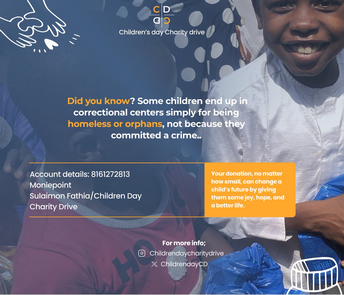 ChildrendayCD's tweet photo. Some children end up in correctional centers not for a crime, but simply because they are homeless or orphaned. No child should live that reality.
A little kindness can change a child’s world
Account details: 8161272813(Moniepoint)
Sulaimon Fathia
#CDCD #EveryChildMatters https://t.co/akkh52FwwD